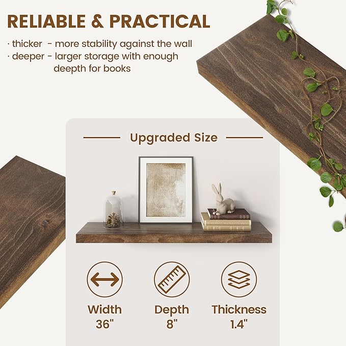 Venusmiles Elm Floating Shelves for Wall Decor, Rustic Solid Wood Shevles Wall Mounted with Invisible Bracket for Living Room Bathroom Bedroom Kitchen, 36 Inch Set of 2, Walnut