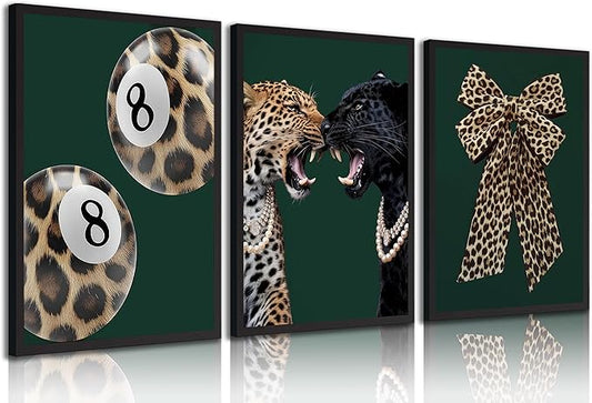 3pcs Trendy Leopard Canvas Wall Art Funky Lucky 8 Ball Posters Prints Paintings Cheetah Bows Preppy Aesthetic Pictures Wall Decor for Bedroom Dorm Living Bathroom Decoration Unframed