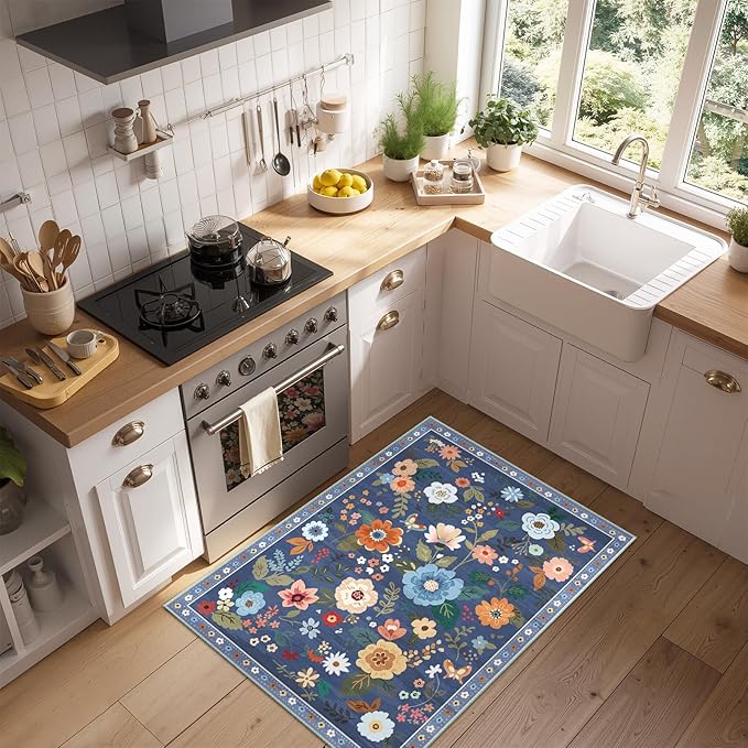 RELEANY Floral Nursery 2x3 Area Rugs Washable Print Boho Cute Carpet Non Slip Flower Low Pile for Living Room Kids Girls Playroom Bedroom Kitchen Office Farmhouse-Blue/Grey