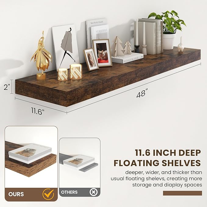 FLYJOE 48 Inch Floating Shelves | 12 Inch Deep Floating Shelves Set of 2 | 48" W x 12" D Rustic Brown Wood Wall Shelves for Bathroom Living Room Kitchen Laundry Room