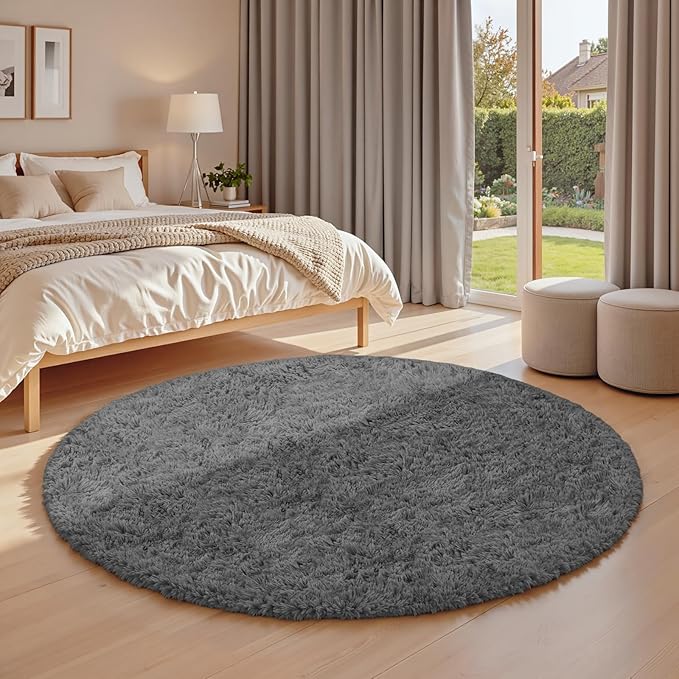 Dark Gray Round Fluffy Rug 5ft Plush Fuzzy Shaggy Carpet,Soft Rugs for Living Room for Nursery,Preppy Dorm,Classroom,Playroom,Teen,Baby Home Decor (Dark Gray 5"x5")