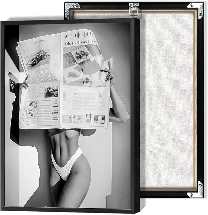Sexy Glamorous Newspaper Reader Poster Feminist Hot Girls Canvas Wall Art Retro Black And White Room Aesthetic Women Prints Painting For Home Bedroom Dorm Wall Decor 16x24in Framed