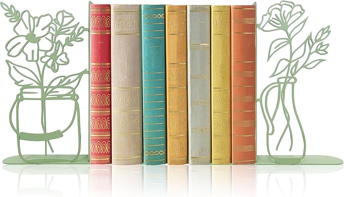 Flower Vase Bookends, Metal Decorative BookEnds for Shelves Cute Book Ends for Office Home Decor, Ideal Gift for Book Lovers (Green)