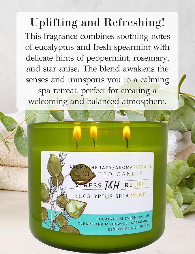 Eucalyptus Spearmint Scented Candle | 15.8 oz Large 3 Wick Soy Candle | Soothing Aromatherapy Candle for Home | Fresh Spa Scent | Long Lasting Clean Burn | Relaxation & Yoga Gift for Women & Men