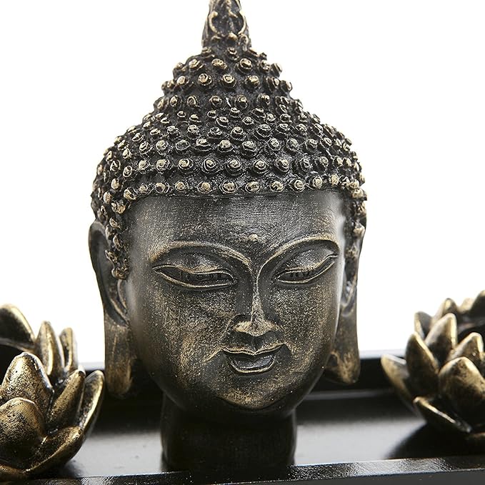 MyGift Black Buddha Head Sculpture Zen Garden Set with Lotus Tealight Candle Holders and Wooden Display Tray, Decorative Tabletop Home Accent