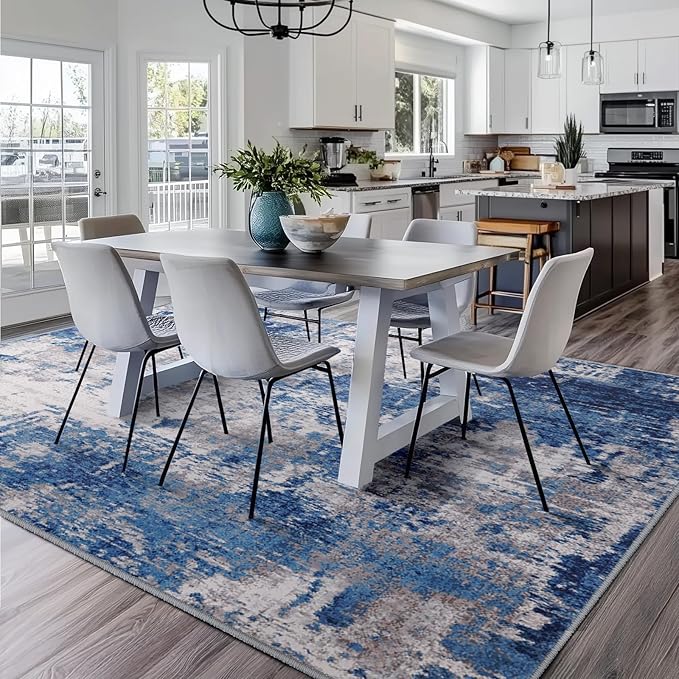 RELEANY Washable Area Rugs 9'x12' Non-Slip Modern Abstract Soft for Living Room Entryway Bedroom, Print Pattern, Blue Grey Navy Gray