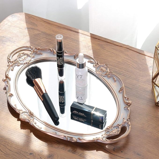 Zosenley Polyresin Ellipse Antique Decorative Mirror Tray, Makeup Organizer, Jewelry Organizer, Serving Tray, 9.8”x 14.6”, Golden Gray