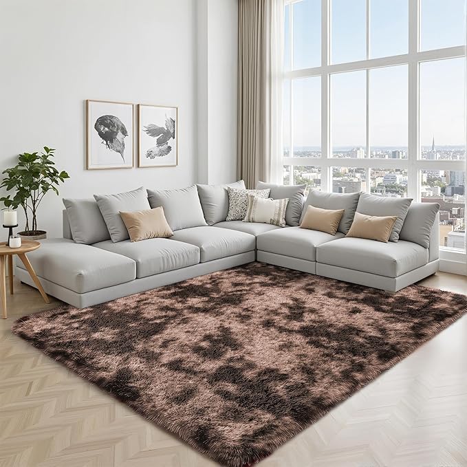 Area Rug for Living Room Bedroom: 5x7 Soft Fluffy Shag Upgrade Non-Slip High Pile Carpet Large Fuzzy Plush Indoor Floor Decor Shaggy Coffe Tie-Dyed Rug for Kid Boys Girls Playroom Nursery Modern Home