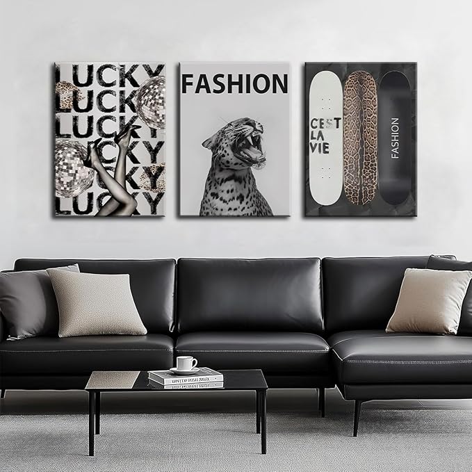 Trendy Leopard Canvas Wall Art Fashion Cheetah Lucky Skateboard Wall Decor Pictures Funky Vintage Preppy Luxury Aesthetic Posters Prints for Girly Bedroom Apartment Dorm Decoration 12x16in