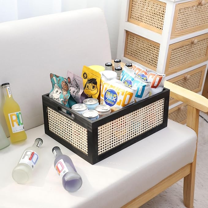SHCMSADO Wooden Frame Storage Basket, Decorative Organizer Crates Box with Built-in Handle,Natural Wire Wood Nesting Drawer Storage for Kitchen, Bathroom and Office Desktop-(15" Lx11 Wx6.3 H-Black)
