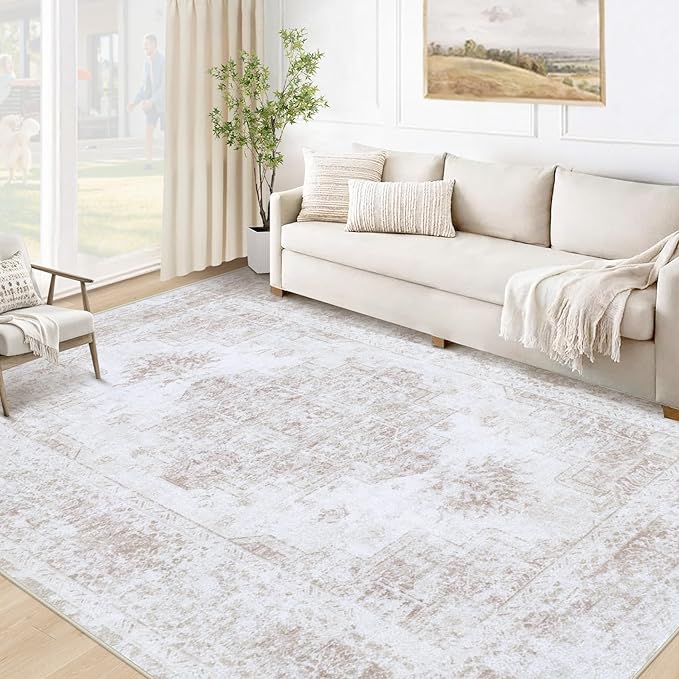 XLUEZ Area Rug 5x7 Living Room Rug, Machine Washable Vintage Distressed Medallion Rug Non-Slip Soft Low Pile Large Indoor Rugs for Bedroom Kitchen Dining Room Office(Beige,5'x7')
