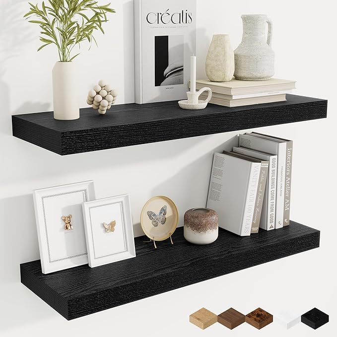 Fun Memories 9.3Inch Deep Floating Shelves for Wall, 30 Inch Rustic Wood Wall Mounted Shelves for Bathroom, Bedroom, Kitchen, Deep Floating Shelf for Storage & Home Decor (Black, Set of 2)