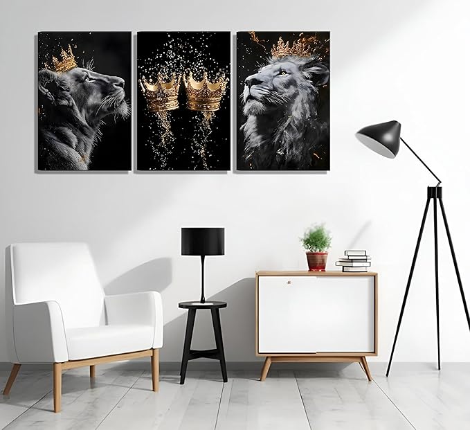 3 Pieces Framed Lion Canvas Wall Art Golden crown with lion Poster print Modern Motivational Black And White Lion Pictures Wall Decor for Living room Office Decoration