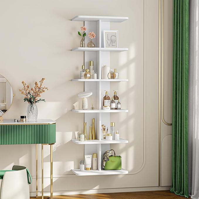 REIBII 6 Tier Floating Shelves, Vertical Column White Wall Shelves for Home Decor, Wall Shelf for Vanity, Bedroom, Living Room, Office