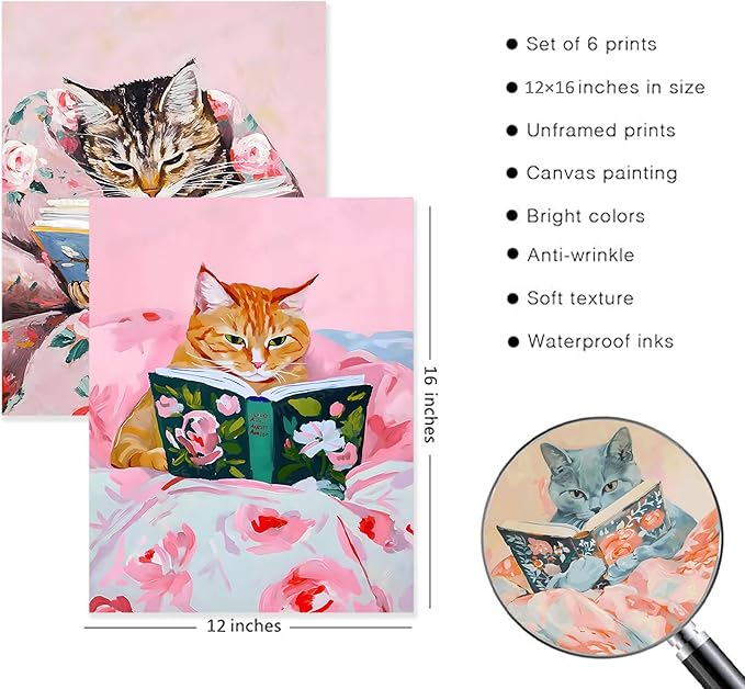 Cute Cat Reading Poster Set of 6 Funny Black Cat Book Lover Canvas Wall Art, Whimsical Animal Wall Decor Painting Prints Aesthetic for Nursery Kids Boby Room Bedroom Unframed 12x16 inch