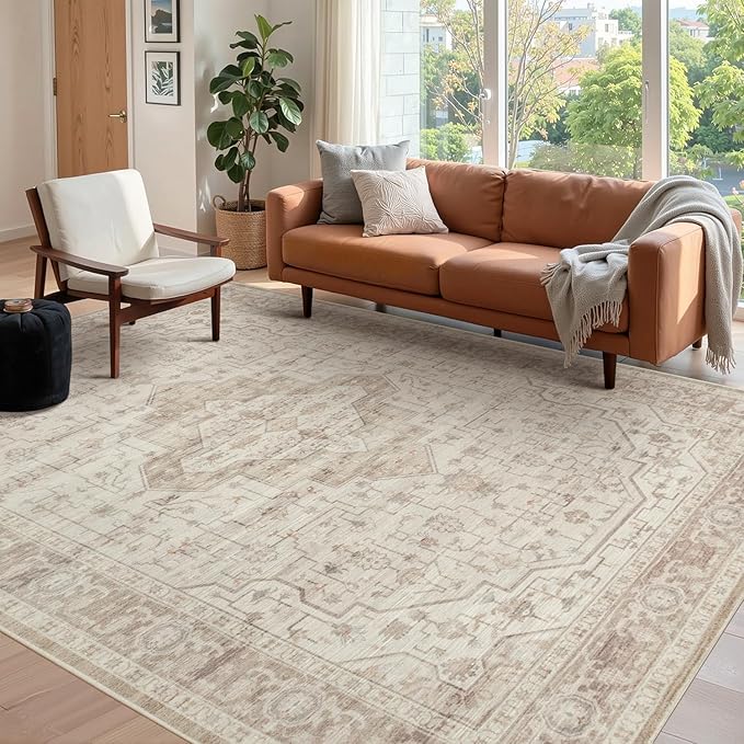 Rugxara 5X7 Washable Area Rug for Living Room, Vintage Neutral Large Boho Rugs for Office, Dining Room, Kids Room, Farmhouse, Durable Low Pile Non Slip Carpet for High Traffic Areas, Light, Cream