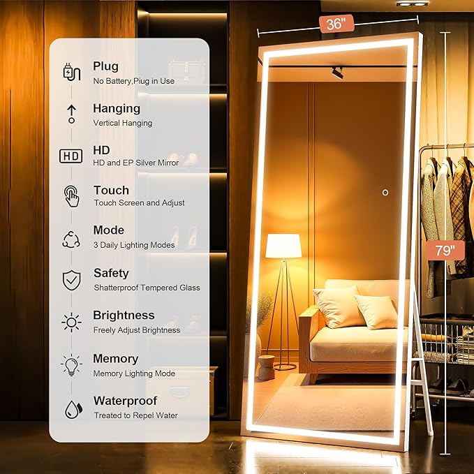 79" x 36" Full Length Mirror with Lights, LED Lighted Floor Standing Body Mirror, Dimmable & 3 Color Lighting for Bedroom, Cloakroom, Dressing Room, Tempered Glass, White Frame