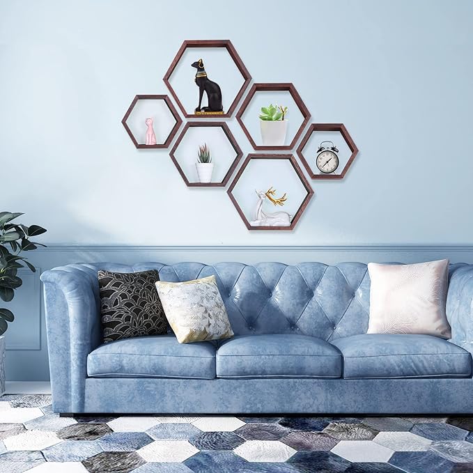 PHOENANCEE Hexagon Floating Shelves,Honeycomb Shelf Set of 3,Wood Farmhouse Hexagonal Decor Wall Storage for Living Room Bedroom Kitchen Office(Walnut)