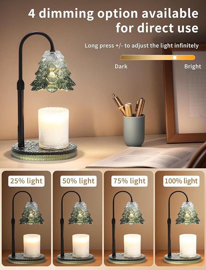 Candle Warmer Lamp with Timer & Dimmer, Crown Glass Lamp Candle Warmer for Jar Candles, 2 Bulbs, Height Adjustable Electric Wax Warmer for Elegant Home Decor (Evergreen Glow)