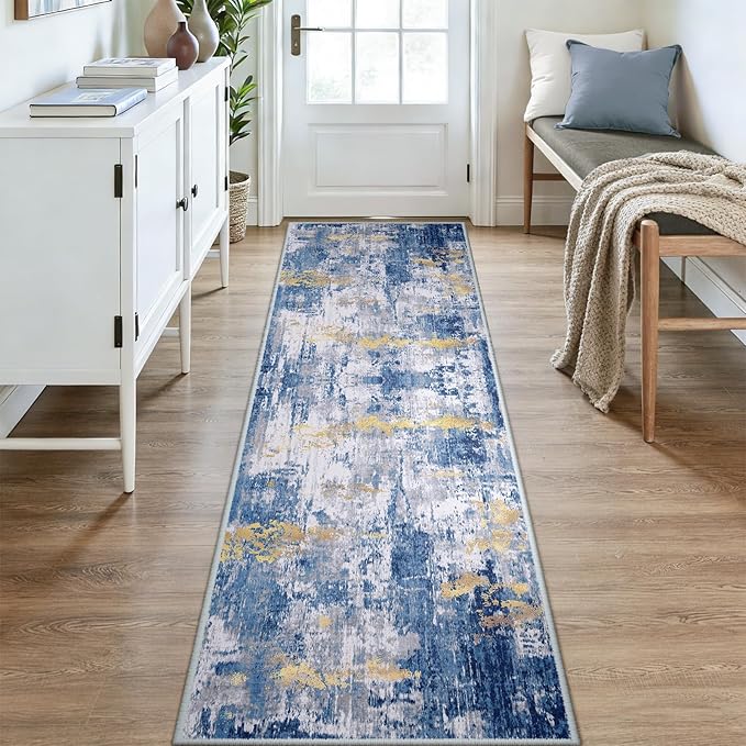 RELEANY Washable Area Rugs 3x9 Non-Slip Modern Abstract Soft for Living Room Entryway Bedroom Nursery, Print Pattern, Grey Blue Gold/Golden
