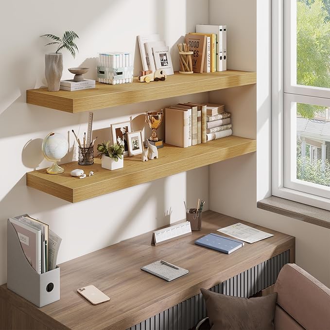 Fun Memories 48 Inch Floating Shelves for Wall - 12 Inch Deep Fireplace Mantel Shelf - Wood Floating Shelf for Wall - Large Storage Shelves Wall Mount for Living Room & Bedroom - Oak - Set of 2