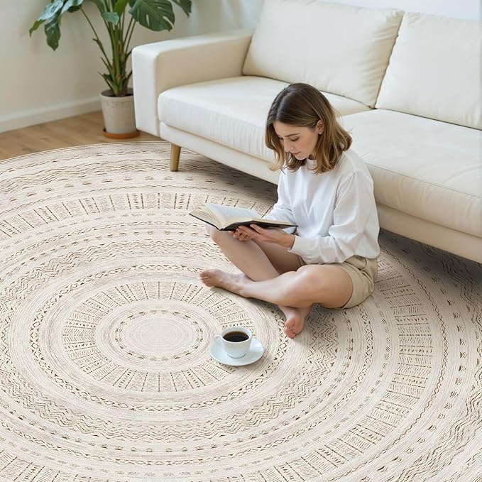 cotiled 8x8 Round Area Rug Living Room: Washable Boho Rugs with Non Slip Backing Large Soft Indoor Stain Resistant Carpet for Bedroom Farmhouse Dining Room Lightweight Home Decor Brown/Cream