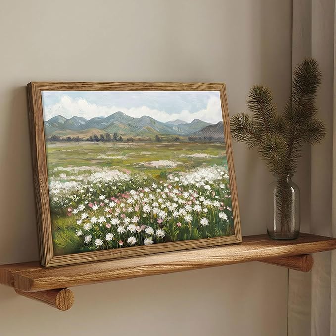 Framed Farmhouse Landscape Wall Art, Modern Country Flower Wall Decor, Vintage Wildflowers Mountain Canvas, Farm House Nature Pictures Print Artwork for Bedroom Living Room – 12x16 inch