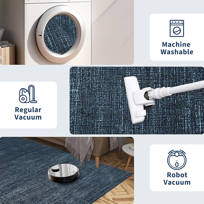 Washable Area Rug 8x10 for Living Room Bedroom Non Slip Minimalist Solid Color Area Rugs Modern Abstract Plain Dining Room Throw Carpet Low Pile Soft Classic Boho Rugs for Kitchen Nursery Oiifce, Navy