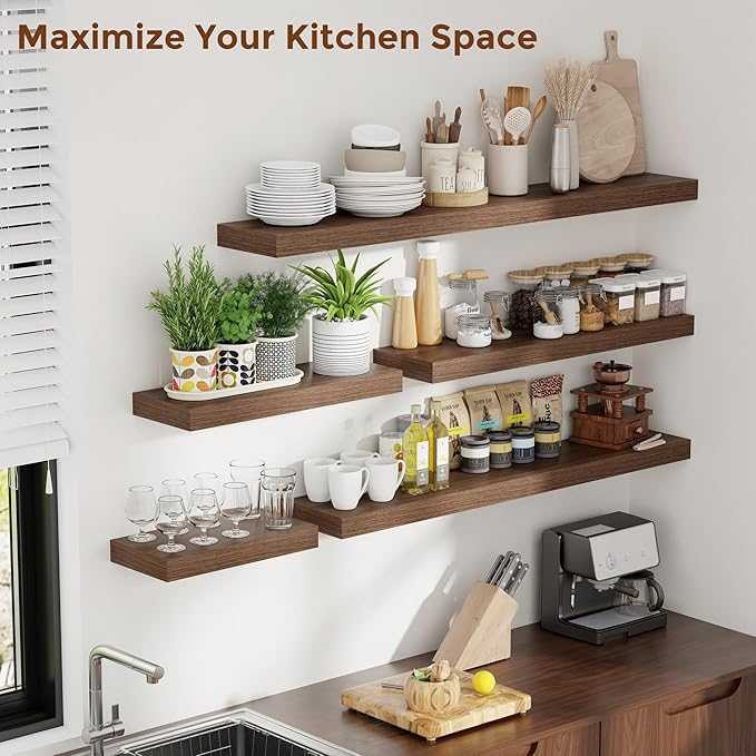 Heimlove 36 Inch Floating Shelves for Wall 8 Inch Deep Walnut Shelves Set of 2,Wall Mounted Rustic Wood Long Floating Shelf with Invisible Brackets for Bedroom Kitchen Living Room