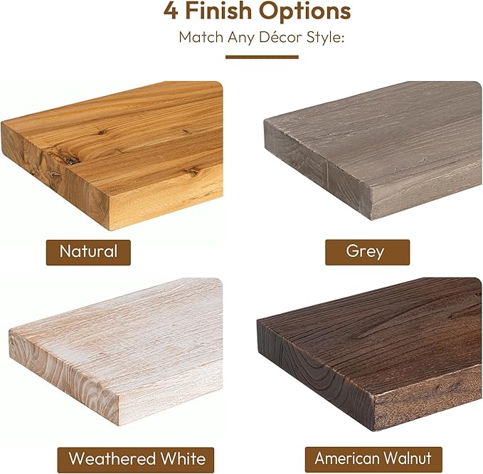 Vivelove Elm Floating Shelves for Wall Solid Wood, 24 Inches Long Rustic Wall Shelf with Invisible Bracket for Living Room Bedroom Bathroom Office, Farmhouse Display Shelf, Set of 2 - Weathered White
