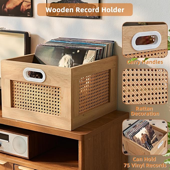 LELELINKY Vinyl Record Storage Crate, Rattan Vinyl Record Holder with Handle, Natural Wood Record Crate for Vinyls Holder up to 75 LP's, Desktop Cube Album Storage for Vinyls Records
