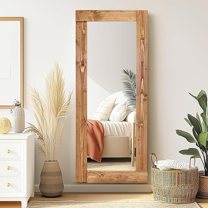 Full Length Mirror 58"x24" – Solid Wood Frame, HD Tempered Glass, Wall Mounted & Leaning, Rustic Modern Decor for Bedroom, Living Room, Entryway, Light Brown