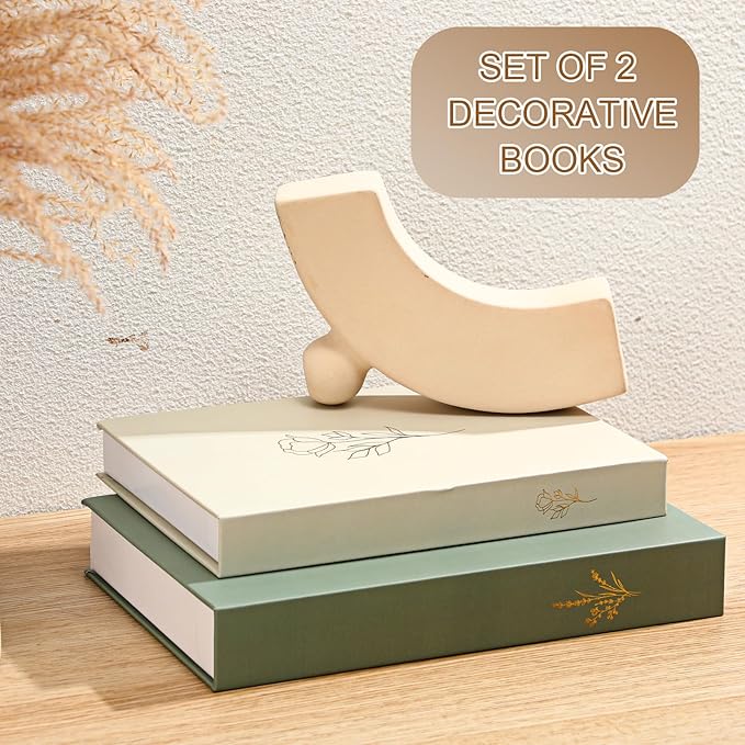 Cinnvoice Set of 2 Aesthetic Decorative Books Boxes, Faux Books Stacked for Decoration for Coffee Tables Modern Home Bookshelves Decor, Fake Fashion Photo Storage Boxes(Sage Green Beige)