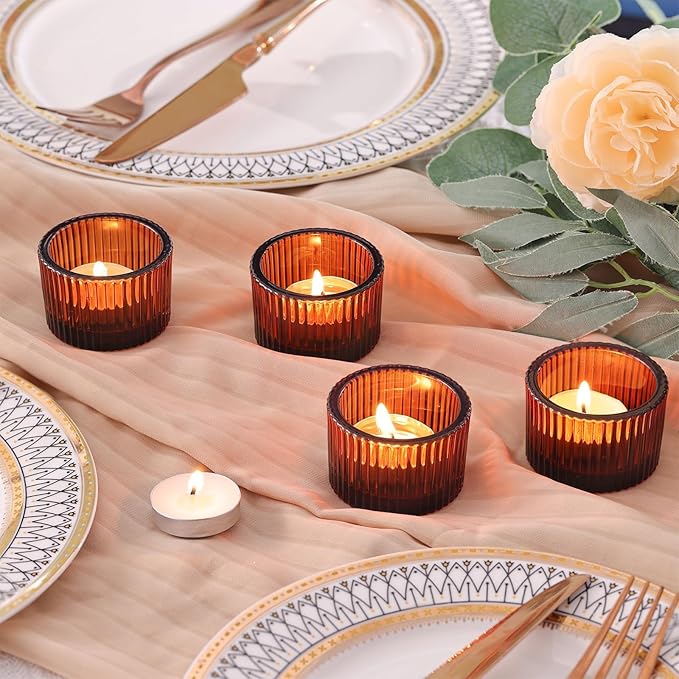 HAVITI 24 Pack Amber Tealight Candle Holders, Glass Votive Candle Holders Fall Decorations for Home Table Fall Wedding Centerpieces, Party Supplies and Vintage Decor
