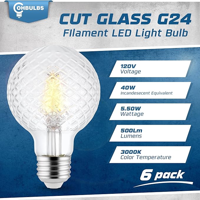 Decorative Light Bulb (6-Pack) 5.5 Watt G25 LED Filament Bulb E26 Medium Base (40W Equivalent) 3000K Warm White, 500 Lumens, Dimmable, Cut Glass Clear Decorative Light Bulbs