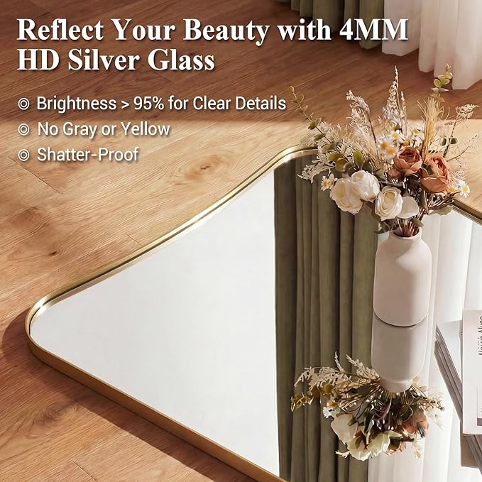 ANDY STAR 24x40 Inch Mirror, Brushed Gold Bathroom Mirror for Over Sink, Large Decorative Wall Mirror with Stainless Steel Frame, Anti-Rust, Italian Luxury Style Home Decor