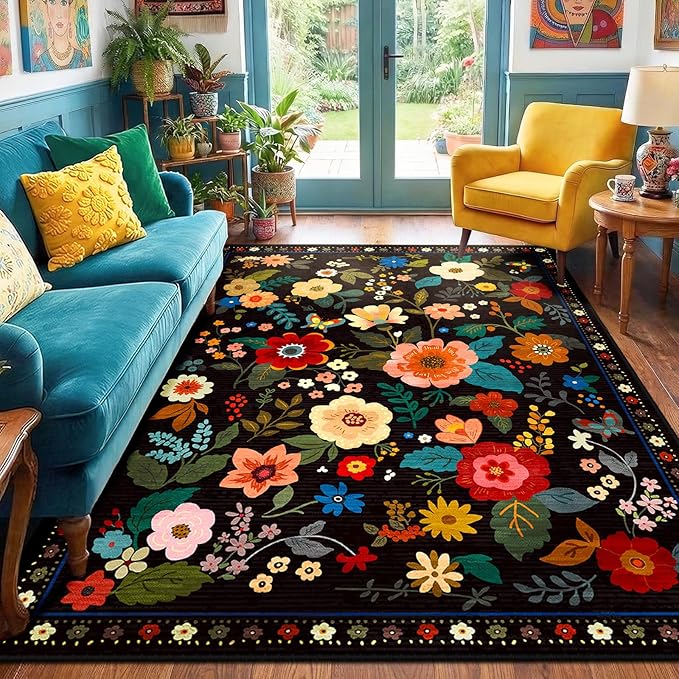RELEANY Floral Nursery 5x8 Area Rugs Washable Print Boho Cute Carpet Non Slip Flower Low Pile for Living Room Kids Girls Playroom Bedroom Kitchen Office Farmhouse-Black