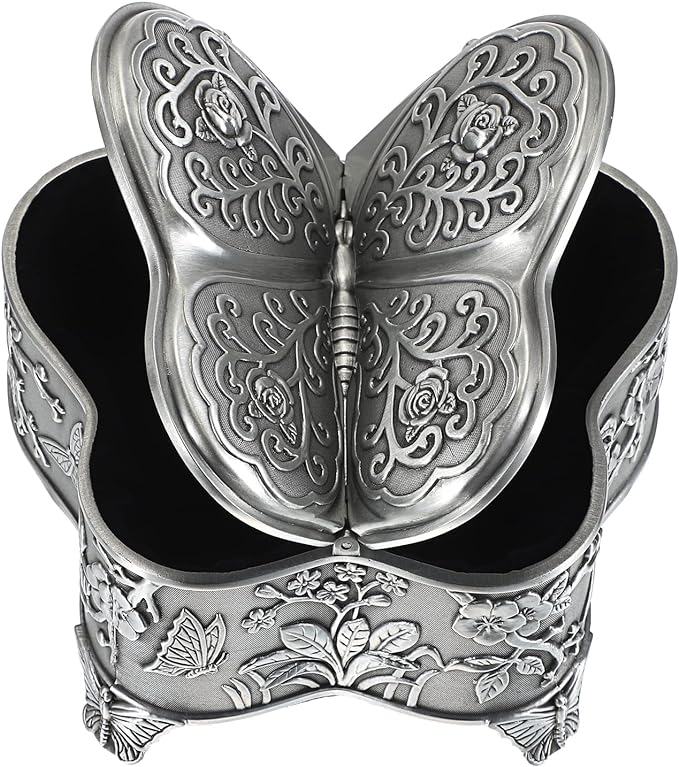 Hipiwe Antique Metal Jewelry Box Butterfly Shape Jewelry Organizer Vintage Trinket Storage Box Treasure Chest Ring Holder Earrings Necklace Storage Box Decorative Metal Box for Women, Large