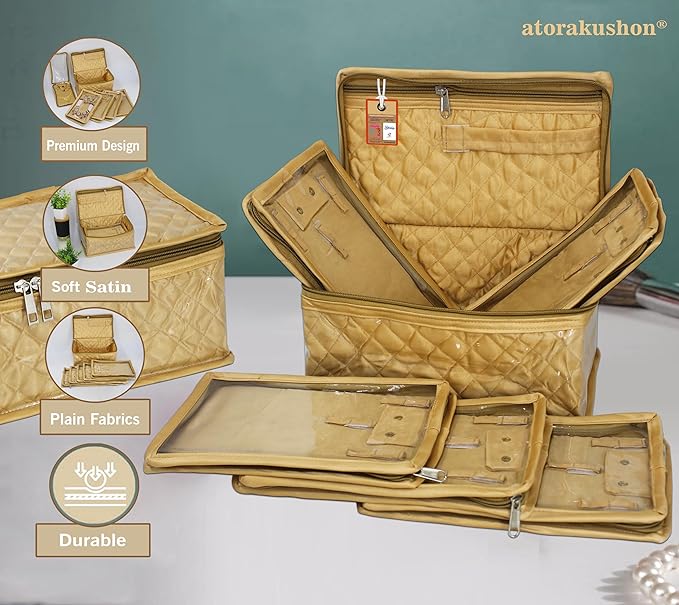 atorakushon Satin Makeup Kit Travel Jewelry Organizer Locker Box Pouches Clutch Bag for Necklaces Earrings Rings and Bracelets Golden Color
