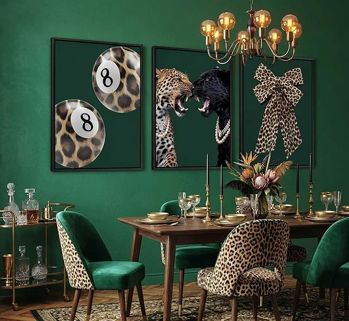 3pcs Trendy Leopard Canvas Wall Art Funky Lucky 8 Ball Posters Prints Paintings Cheetah Bows Preppy Aesthetic Pictures Wall Decor for Bedroom Dorm Living Bathroom Decoration Unframed