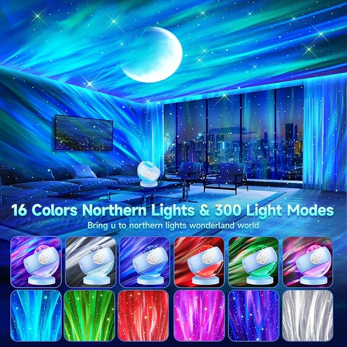 Iceberg Northern Lights Projector, Blue Galaxy Projector with Unique Iceberg Base, 300+ Lighting Effects & 15 White Noise, Bluetooth Aurora Star Light for Bedroom, Remote & Timer, Kids/Adults Gifts