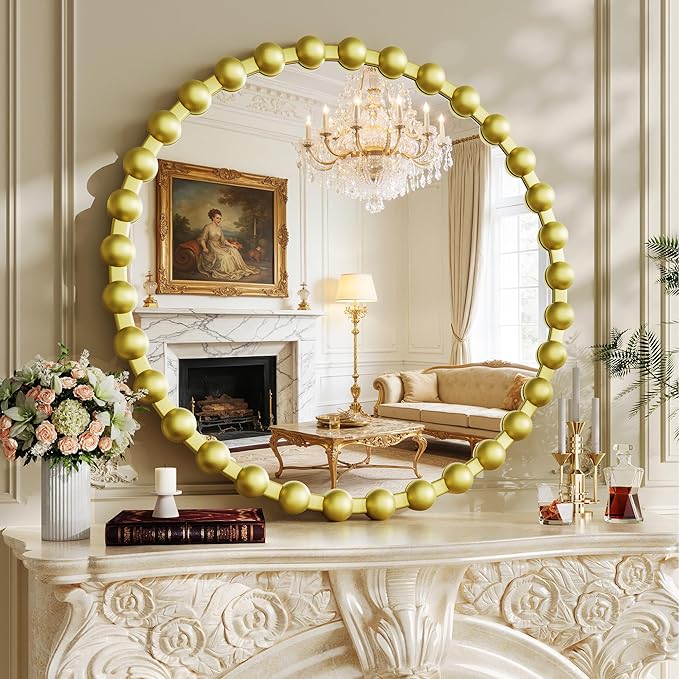 Round Vanity Mirror for Wall, 28 Inch Beaded Frame Circle Mirror for Bedroom Dresser, Bathroom, Entryway, Living Room, Decorative Hanging Wall Mirror, Gold