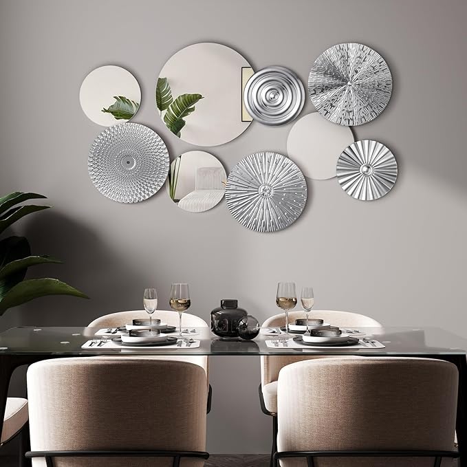 Blulu 9 Pcs Silver Mirror Wall Decor Metal Round Home Art Decor Decorative Modern Circle Mirror Wall Art Sculpture Hanging Decorations for Home Living Room Office