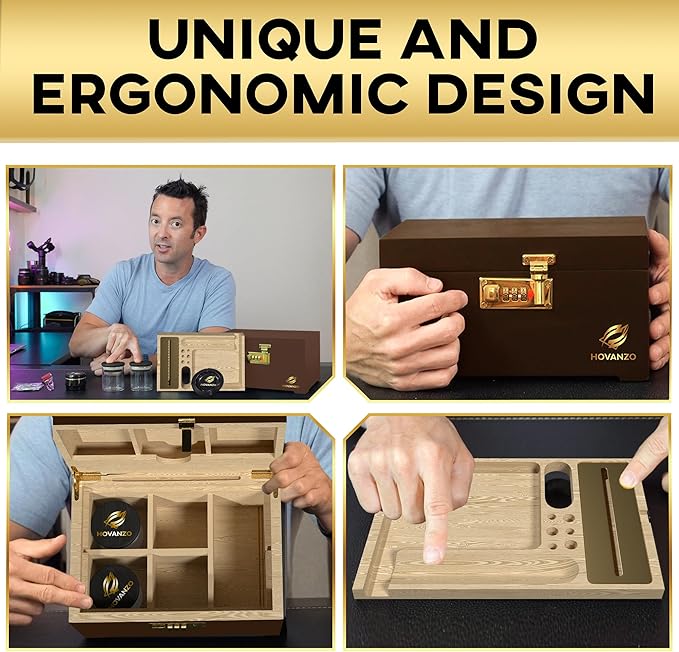 HOVANZO Premium Large Bamboo Storage Box with Removable Tray - Storage Wood Box for Herbs and Accessories - Storage Box Set with Combination Lock - Smell Proof Container with Accessories