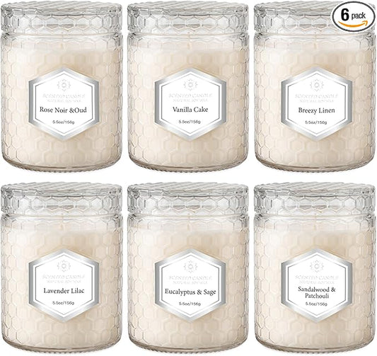6 Pack Scented Candles for Home, Aromatherapy Gift Set for Women, Natural Soy Wax Jar, 33 oz 240 Hour Long Lasting, Birthday and Valentine's Day Gift, Flax Gray