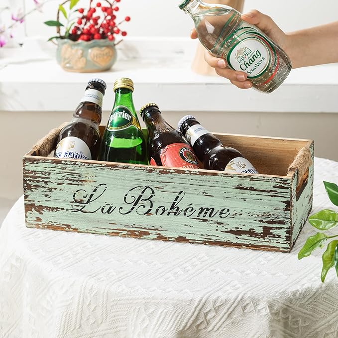 TIMRIS Farmhouse Distressed Wooden Storage Box, Rustic Bathroom Decor Box, Decorative Toilet Tank Basket, Vintage Countertop Organizer Box with Handles (Distressed Green)
