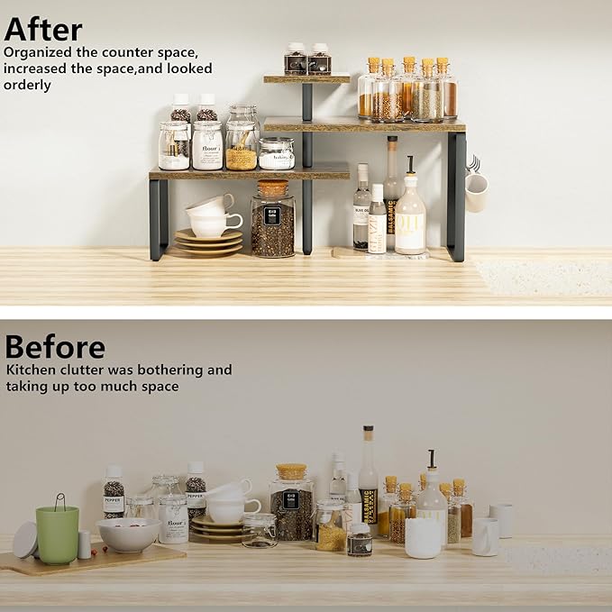 Alsonerbay Countertop Organizer Organization,3 Tier Corner Shelf for Kitchen Counter with Hooks for Coffee Area, Bathroom, Over Sink, Dresser Table (Rustic Brown)