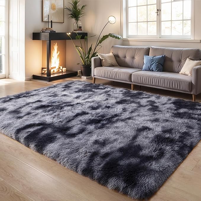 KICHOWUA Thick Area Rug Dark Grey Fluffy 4x6 for Bedroom Living Room Washable Plush Rug for Kids Baby Nursery Soft Shag Non Slip Comfy Shaggy Rugs for Dorm Fuzzy Floor Carpet, Tie-Dye Gray