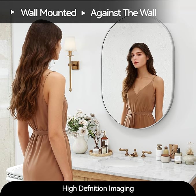 SCWF-GZ 36x24 Mirror Runway Oval Wall Mounted Aluminum Alloy Metal Frame Rectangle Mirrors for Entryway Bedroom Bathroom Living Room 36 24 inch Silver