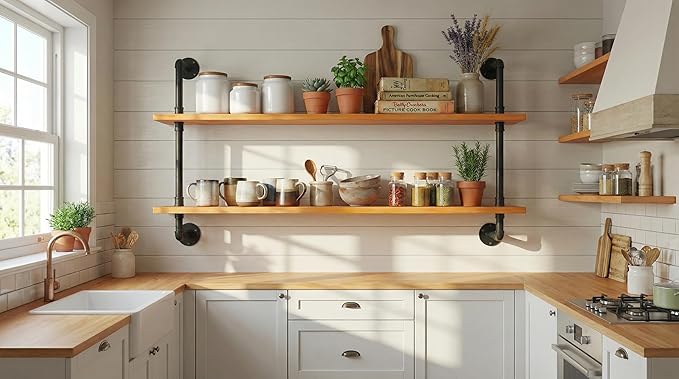 HDDFER Industrial Pipe Shelving Shelf Rustic Wood Wall Shelves Industrial Floating Shelves for Wall 48 Inch Farmhouse Bookshelf Pipe Shelves Living Room Kitchen